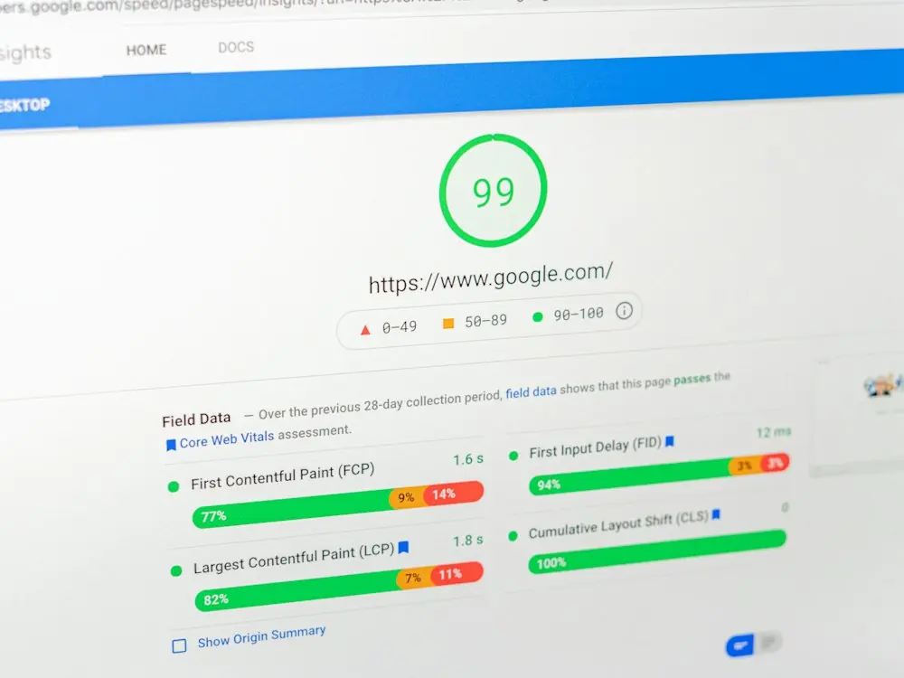 A Google PageSpeed report showing a score of 99