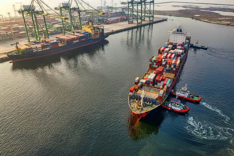 A container ship at a busy cargo port